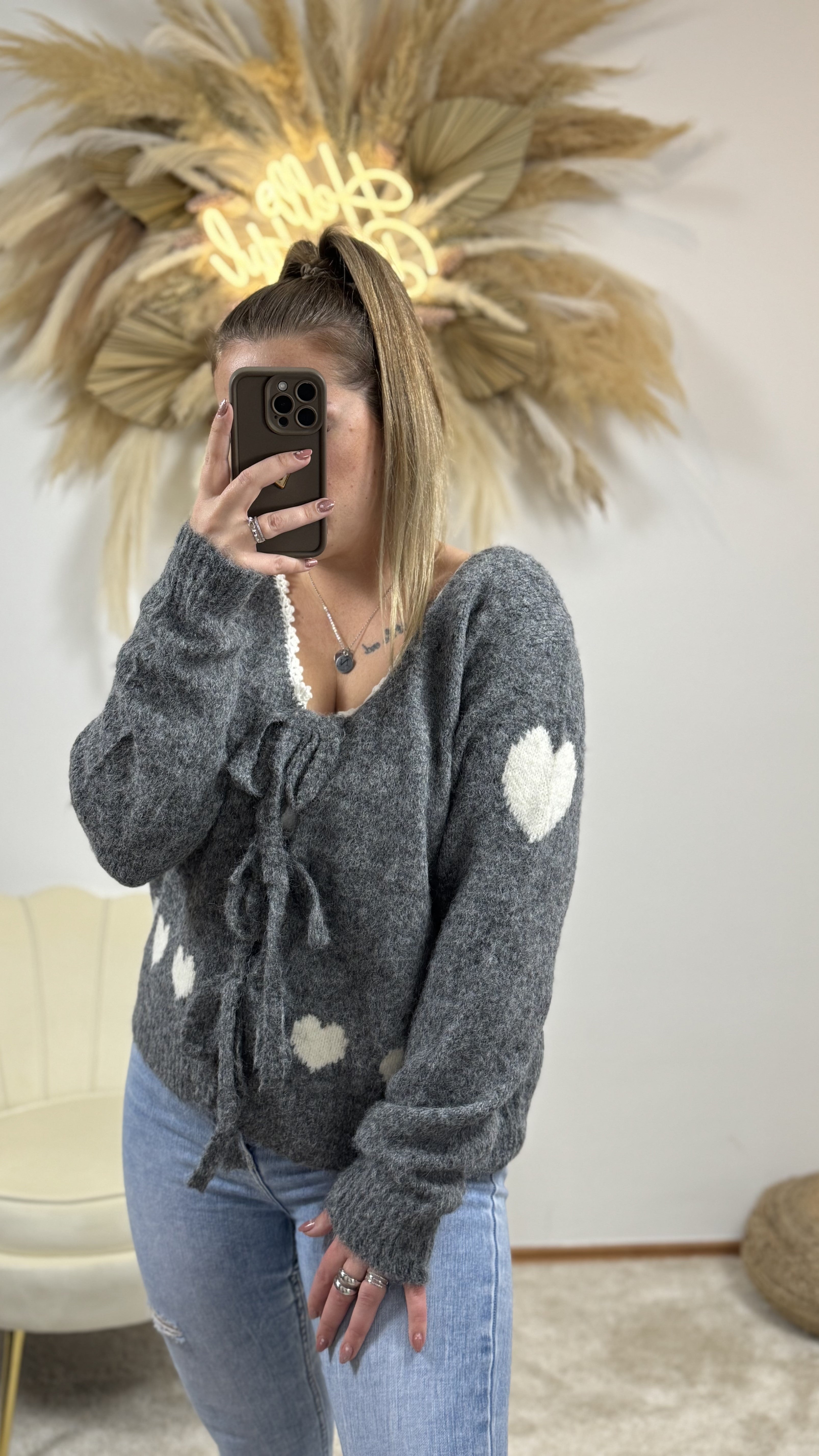 Schleifen Cardigan Love | Grau/Weiß