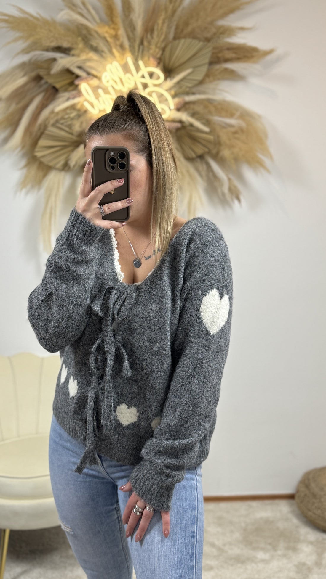 Schleifen Cardigan Love | Grau/Weiß
