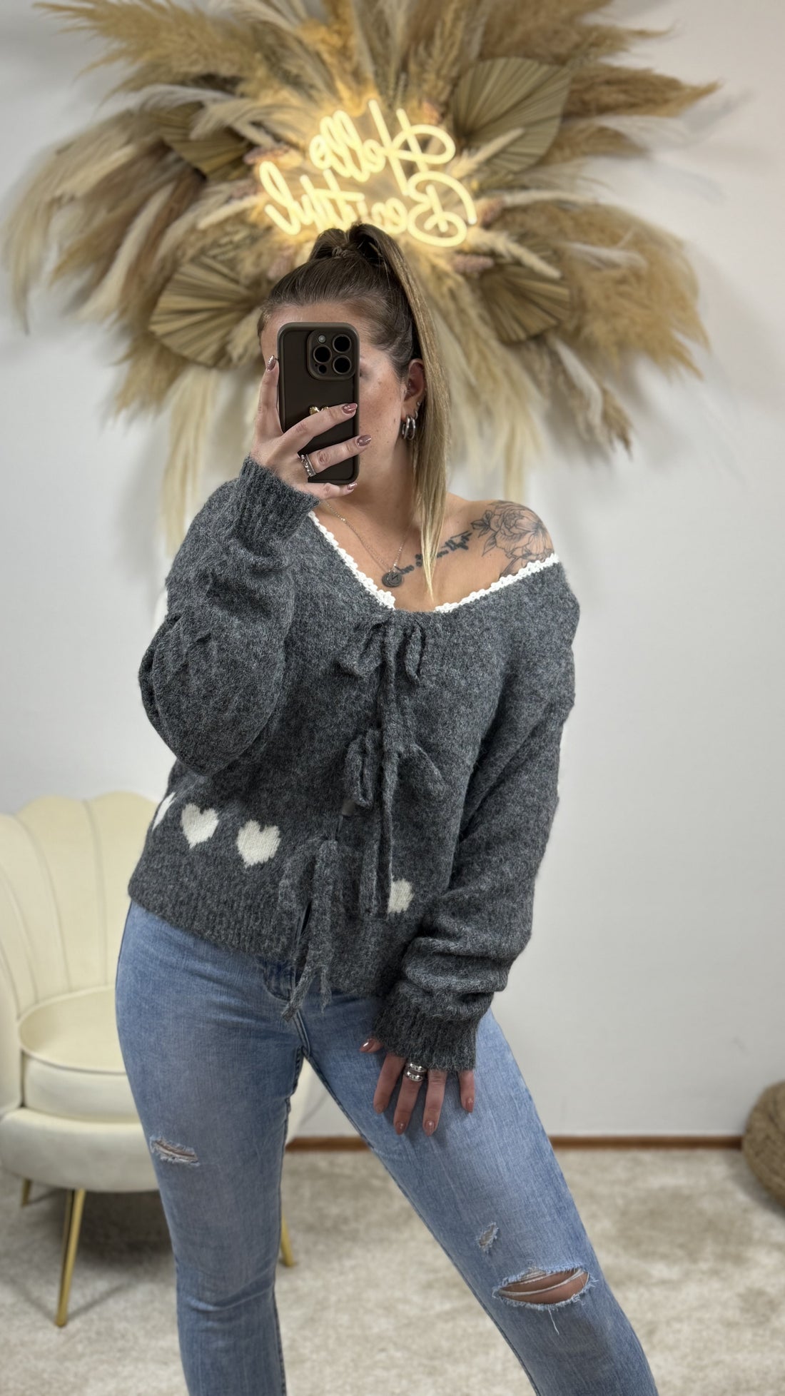 Schleifen Cardigan Love | Grau/Weiß