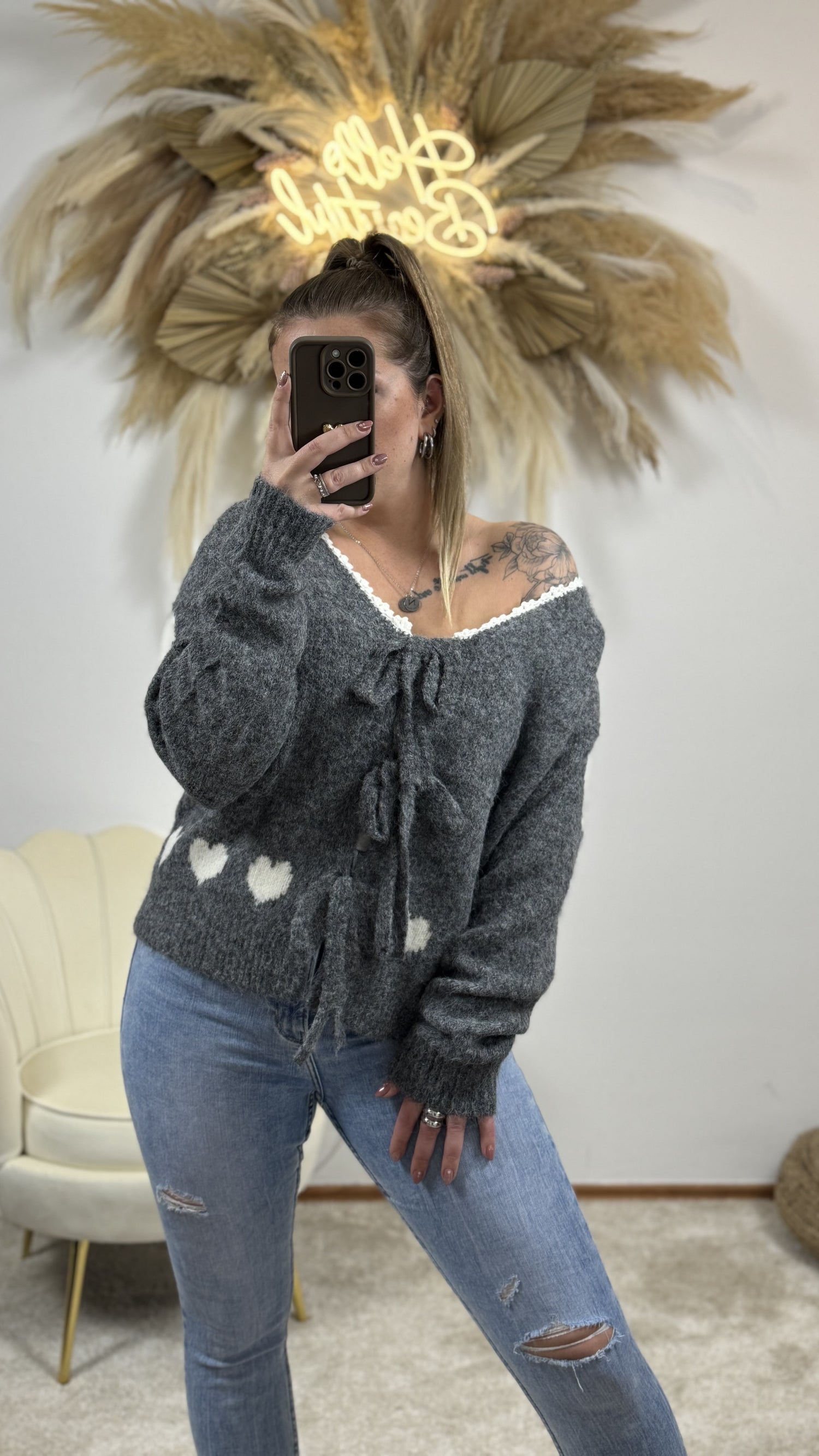 Schleifen Cardigan Love | Grau/Weiß